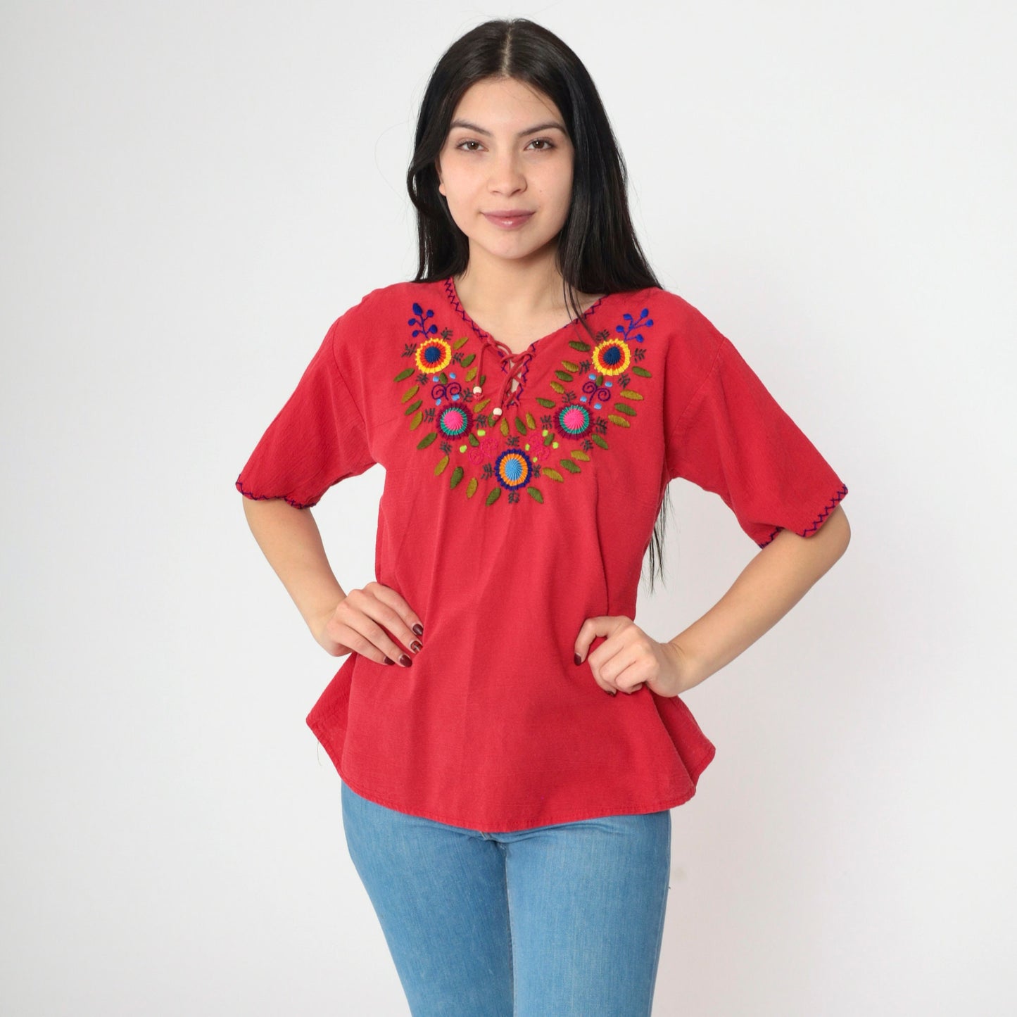 90s Red Floral Embroidered Mexican Blouse Lace-Up Short Sleeve Small Medium