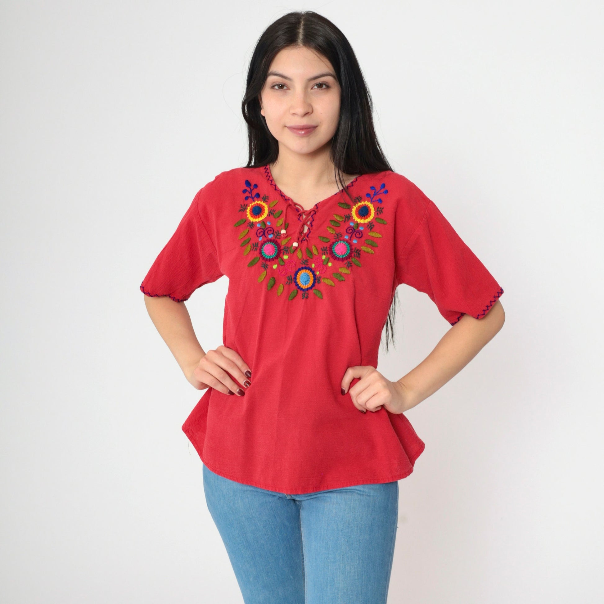 90s Red Floral Embroidered Mexican Blouse Lace-Up Short Sleeve Small Medium