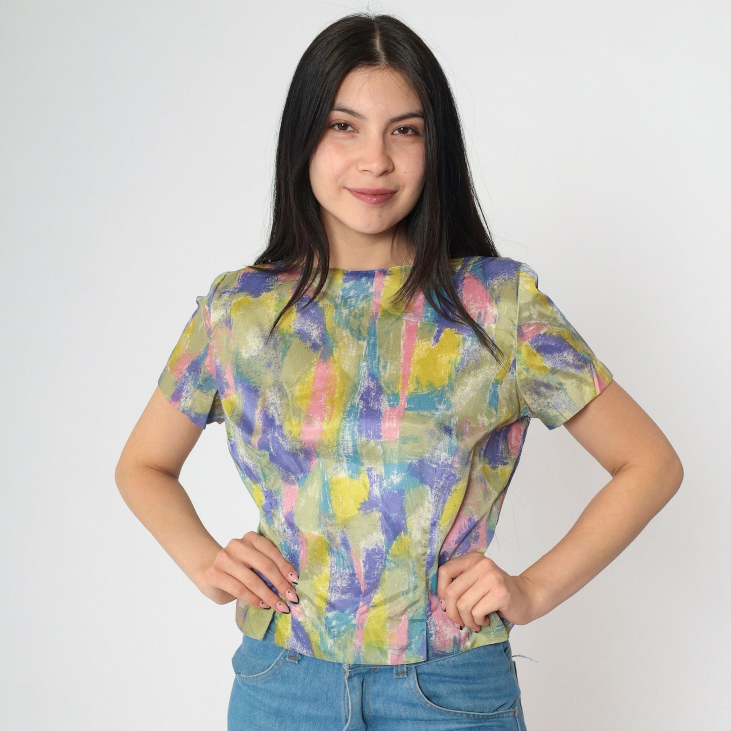 60s Judy Bond Abstract Brushstroke Blouse Multicolor Button Back Small