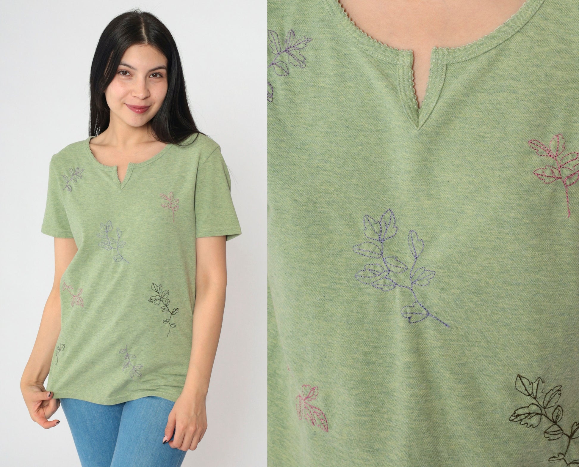 Y2K Leaf Embroidered T-Shirt Green Split Neck Short Sleeve Small S
