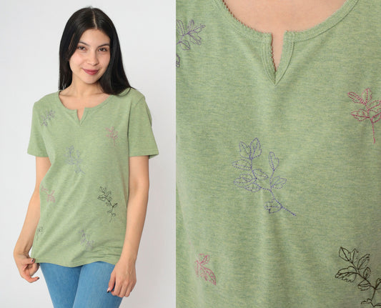 Y2K Leaf Embroidered T-Shirt Green Split Neck Short Sleeve Small S