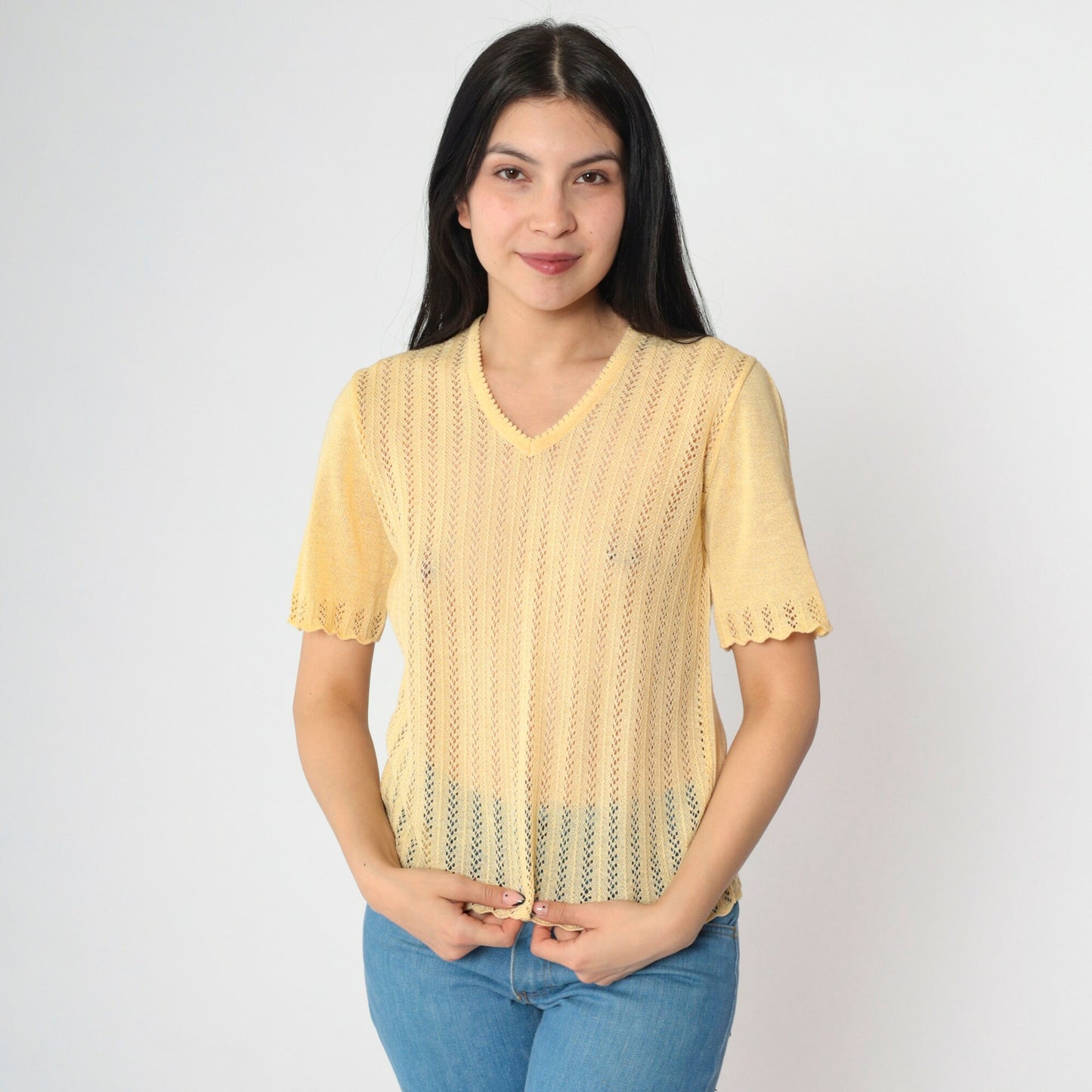 80s Yellow Open Weave Knit Sweater Top V-Neck Short Sleeve Small