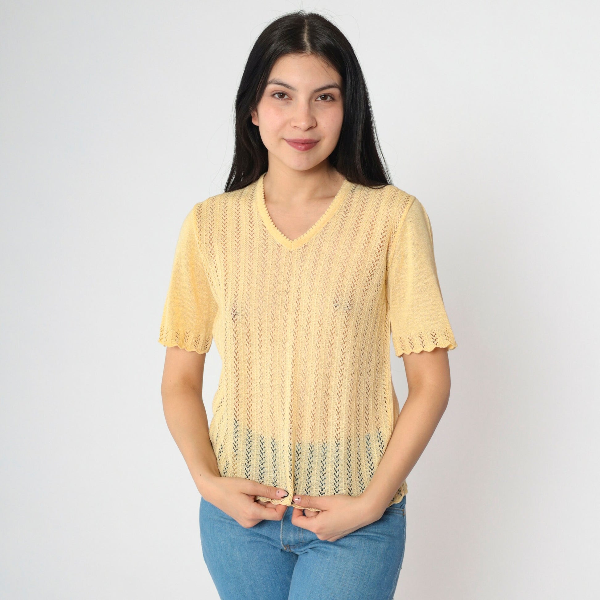 80s Yellow Open Weave Knit Sweater Top V-Neck Short Sleeve Small