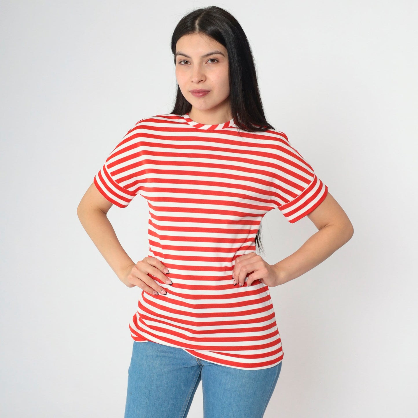 70s Jonathan Logan Striped Blouse Red White Short Sleeve Rear Zip Small