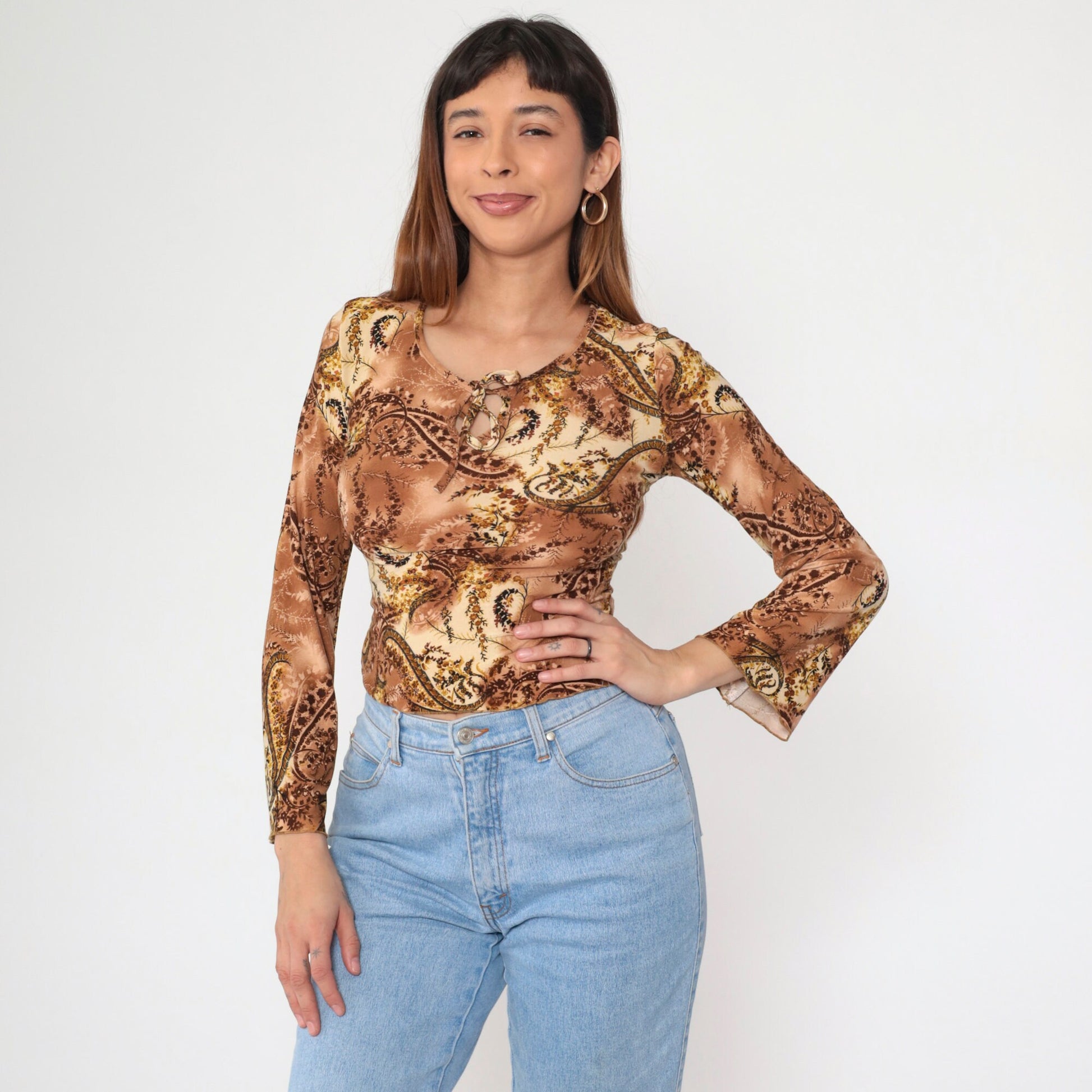 Y2K Paisley Keyhole Blouse Scoop Neck Bell Sleeve Brown Small