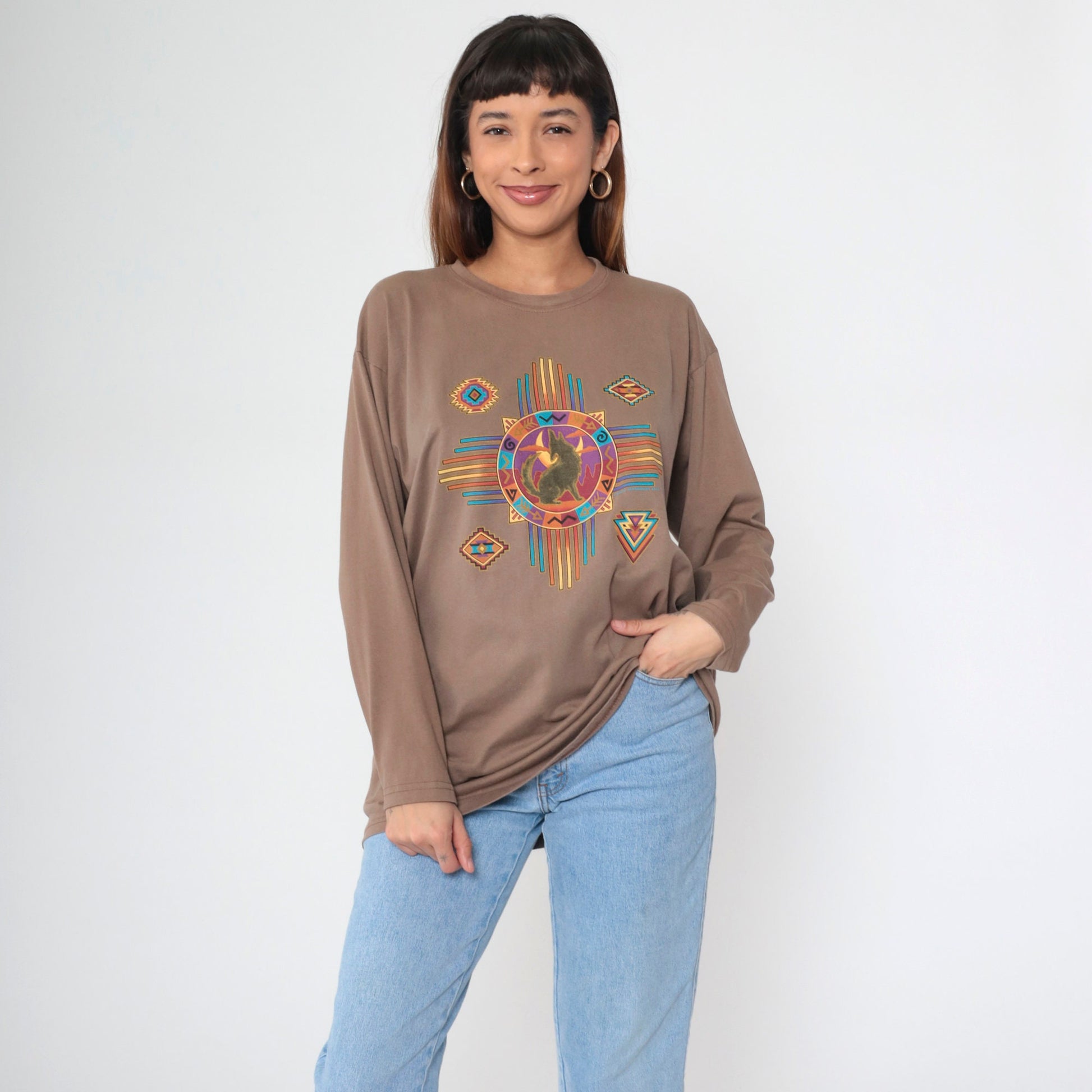 90s Southwestern Coyote Moon Graphic Long Sleeve T Shirt Brown Large