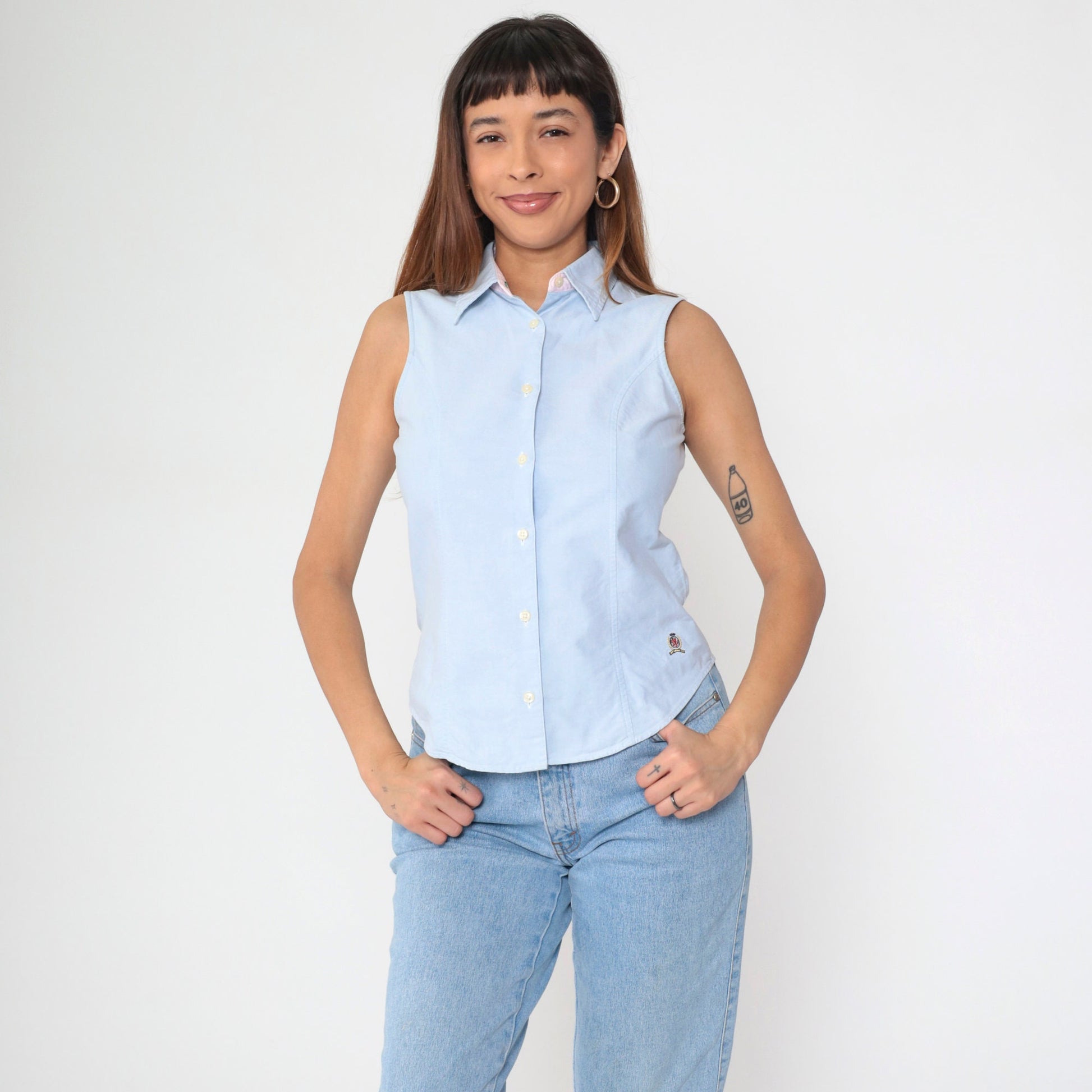 Tommy Hilfiger Y2K Light Blue Sleeveless Button-Up Blouse Small 4