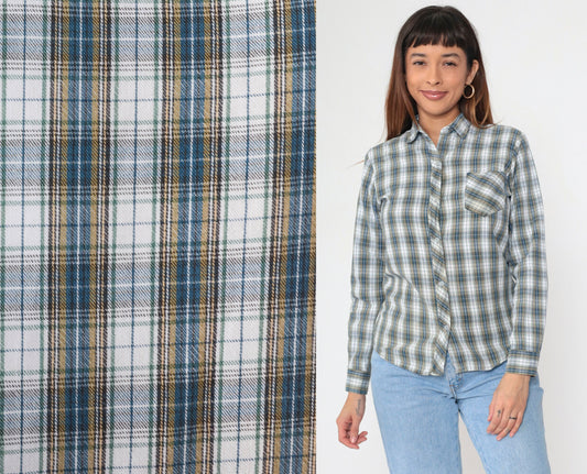 70s/80s Plaid Cotton Button-Up Blouse White Blue Yellow Checkered Long Sleeve Medium