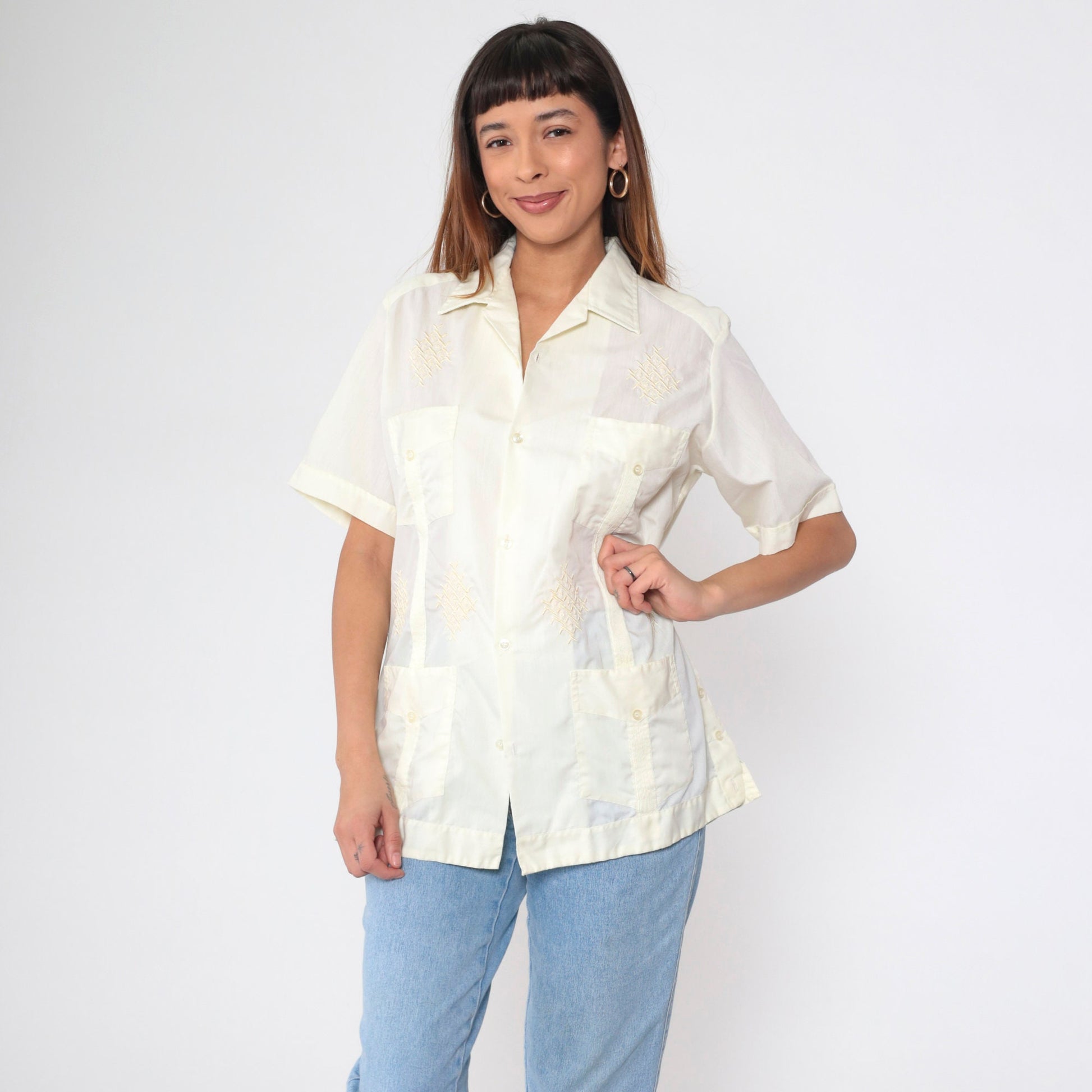 70s Don G of California Yellow Embroidered Pintuck Button-Up Shirt Men's Medium