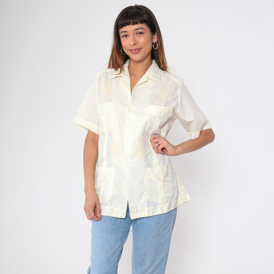 70s Don G of California Yellow Embroidered Pintuck Button-Up Shirt Men's Medium