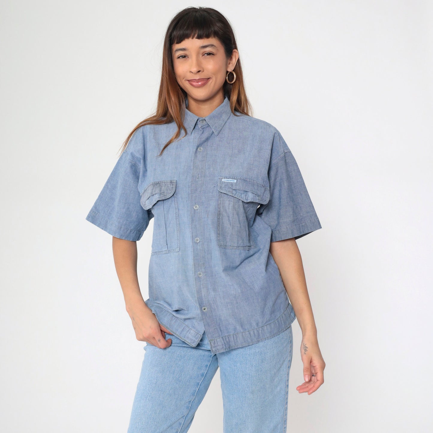 90s Blue Chambray Button-Up Shirt Short Sleeve Denim Oxford Medium