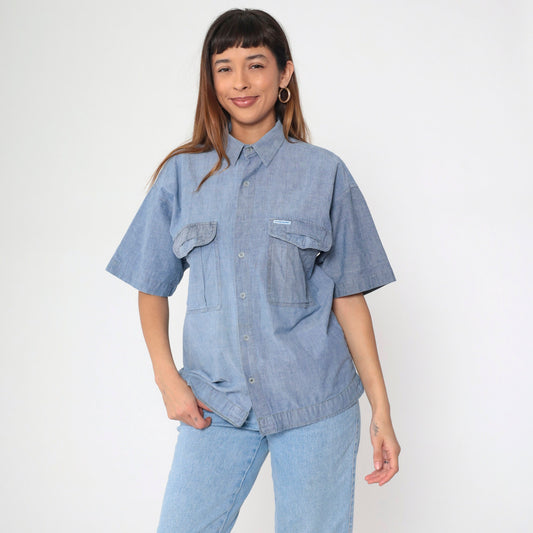 90s Blue Chambray Button-Up Shirt Short Sleeve Denim Oxford Medium