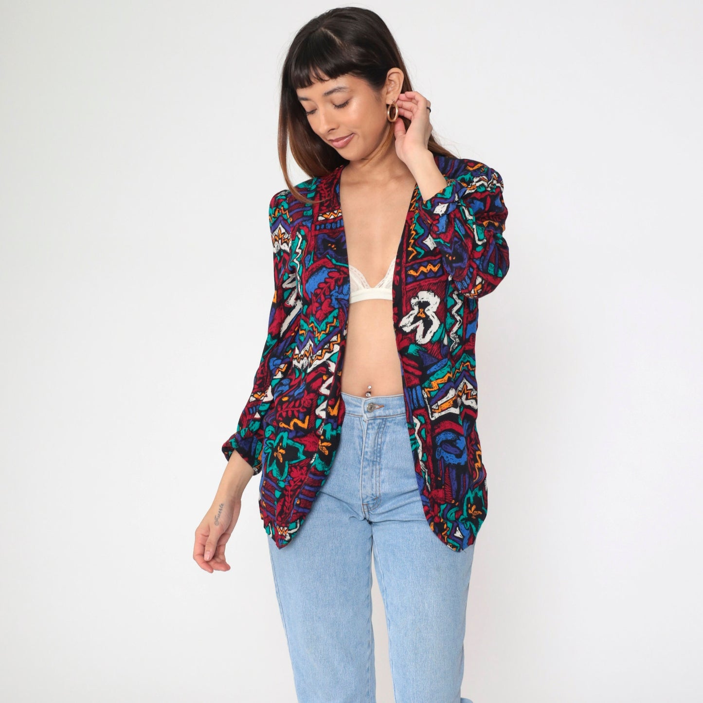 90s Abstract Geometric Floral Blazer Jacket Red Blue Open Front Puff Sleeve Medium Petite