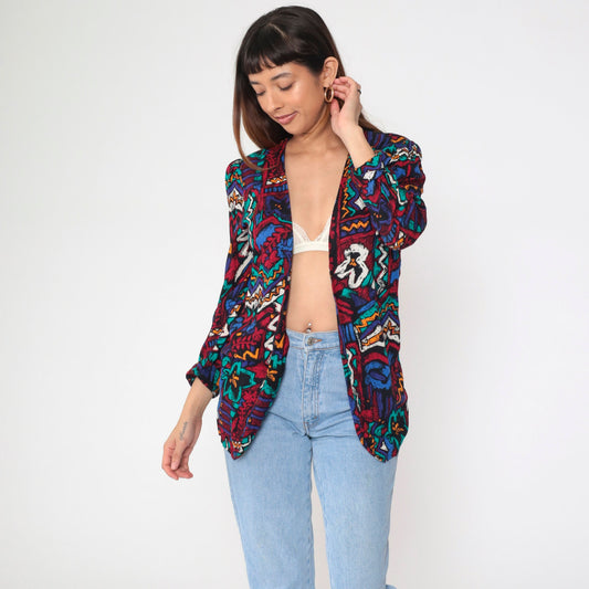 90s Abstract Geometric Floral Blazer Jacket Red Blue Open Front Puff Sleeve Medium Petite