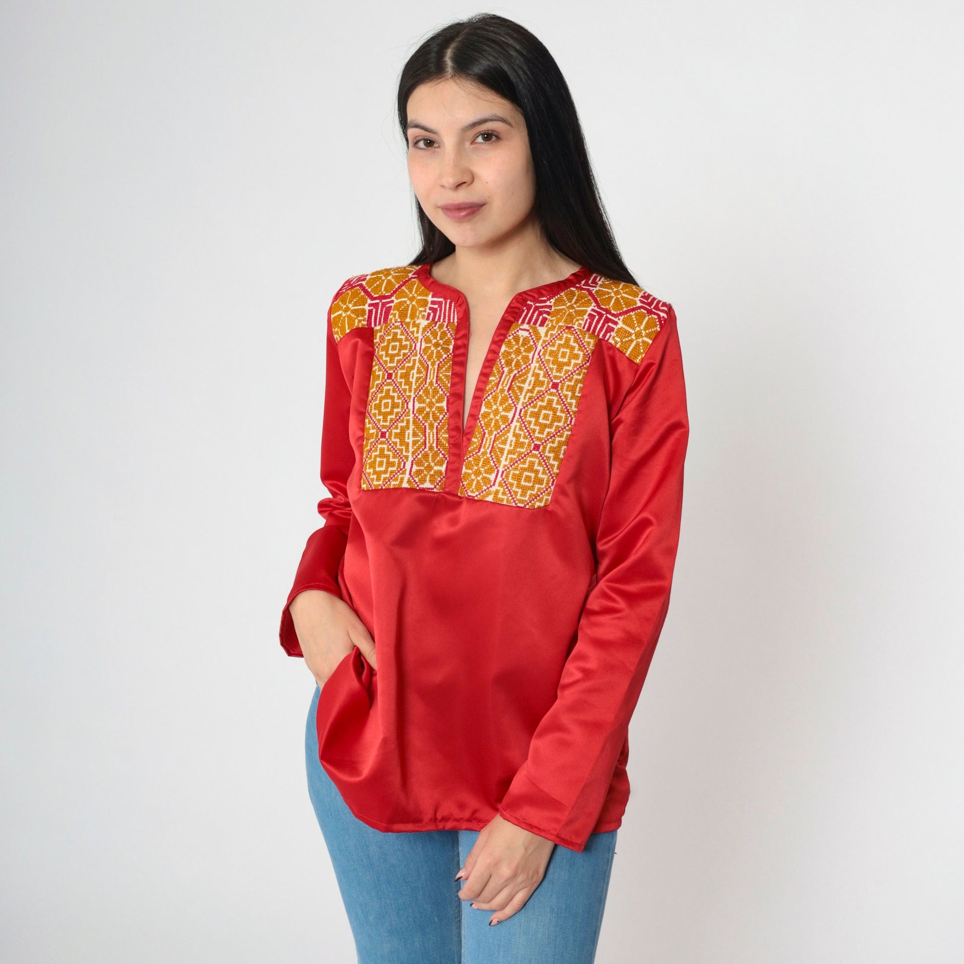 70s Red Satin Tunic Top Floral Embroidered Yoke Long Sleeve Small