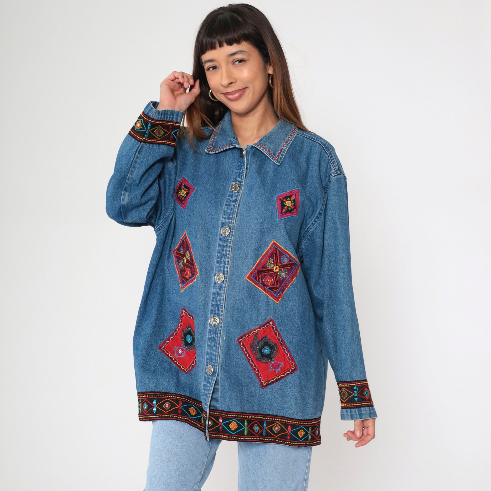 90s Floral Embroidered Denim Jacket Shisha Mirror Work Blue Cotton Extra Large