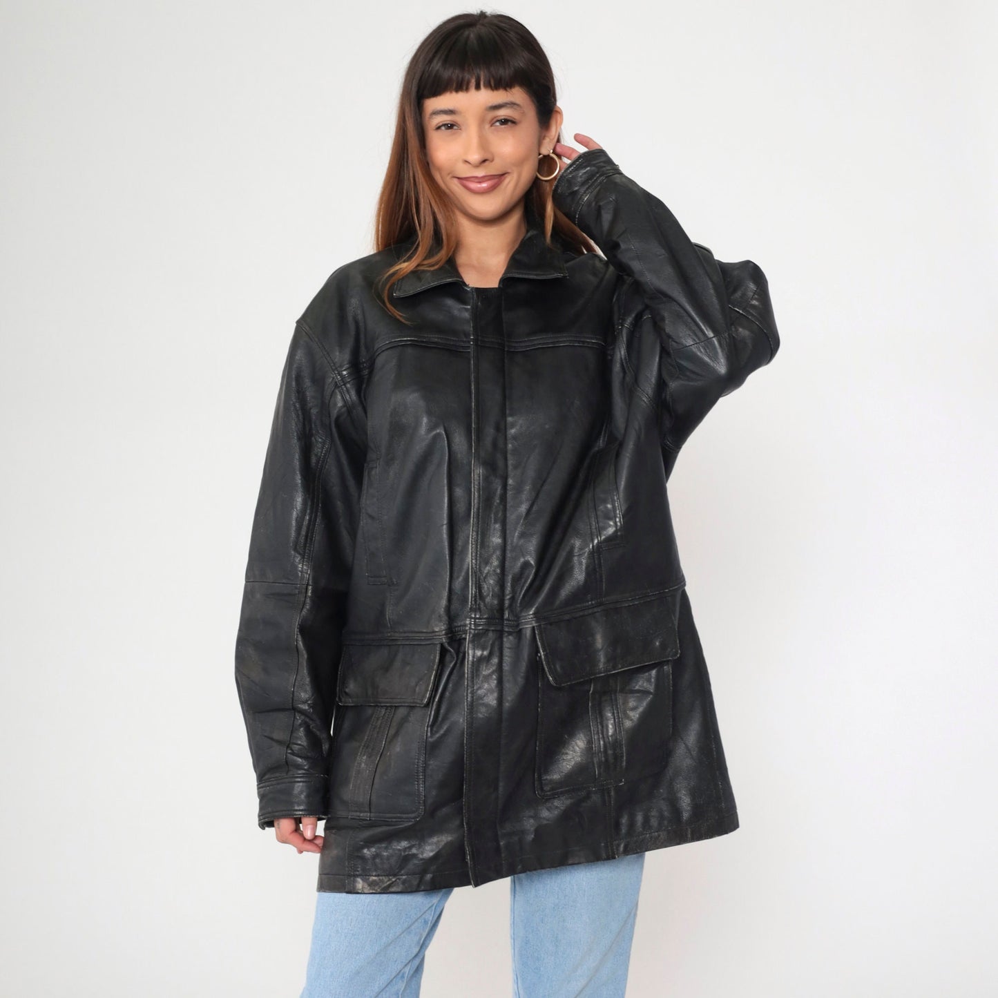 90s Black Deerskin Leather Coat Cargo Pockets Zip Snap Longline Large L