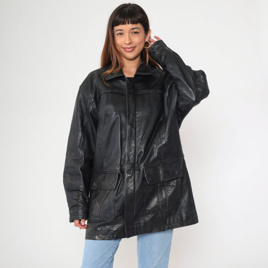 90s Black Deerskin Leather Coat Cargo Pockets Zip Snap Longline Large L