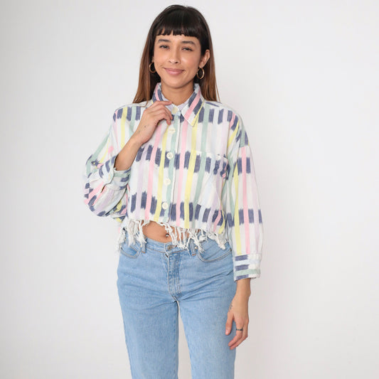 90s Ikat Striped Cotton Blouse Button-Up Long Sleeve Cropped White Small