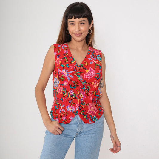 90s Casual Corner Silk Vest Red Floral Print Button Up V Neck Small
