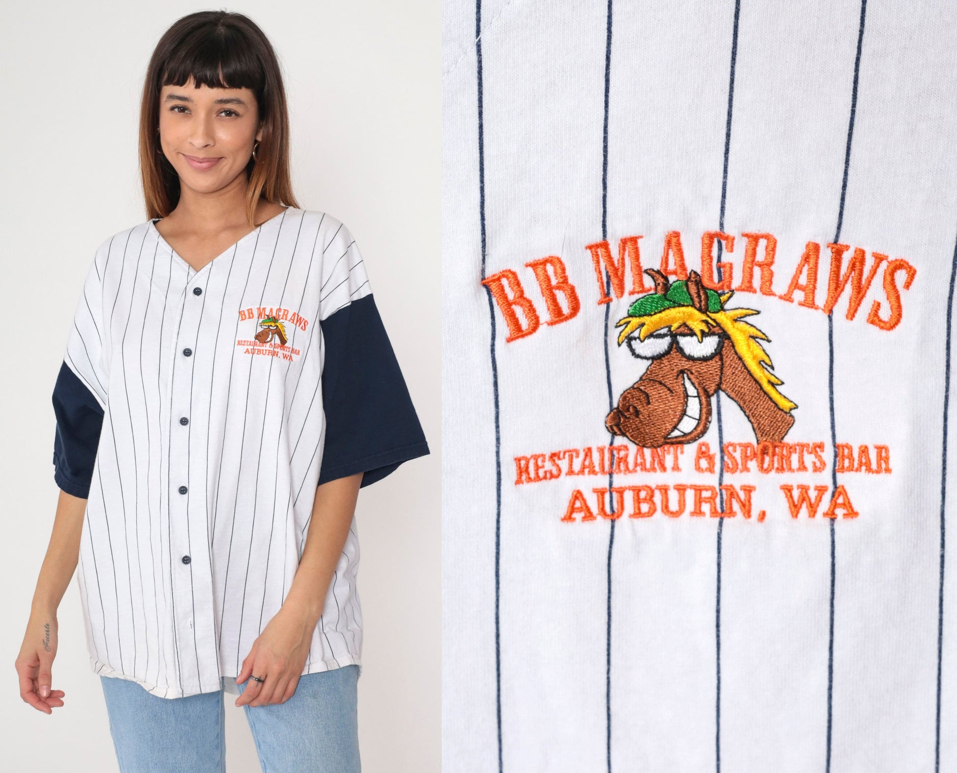 90s BB Magraws Auburn WA Baseball Shirt Navy Pinstripe Cotton Jersey Extra Large