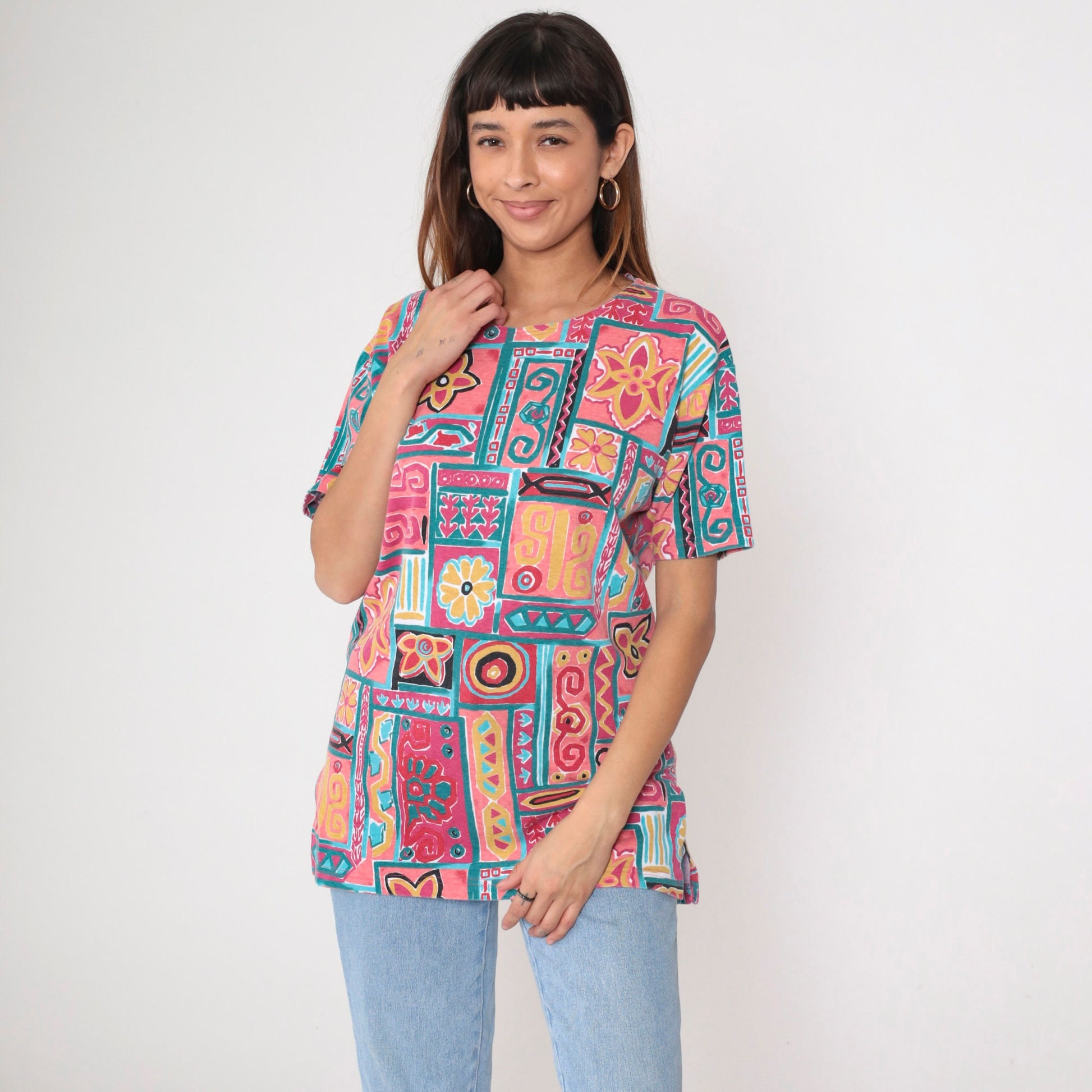 90s Geometric Floral T-Shirt Pink Teal Cotton Blend Medium