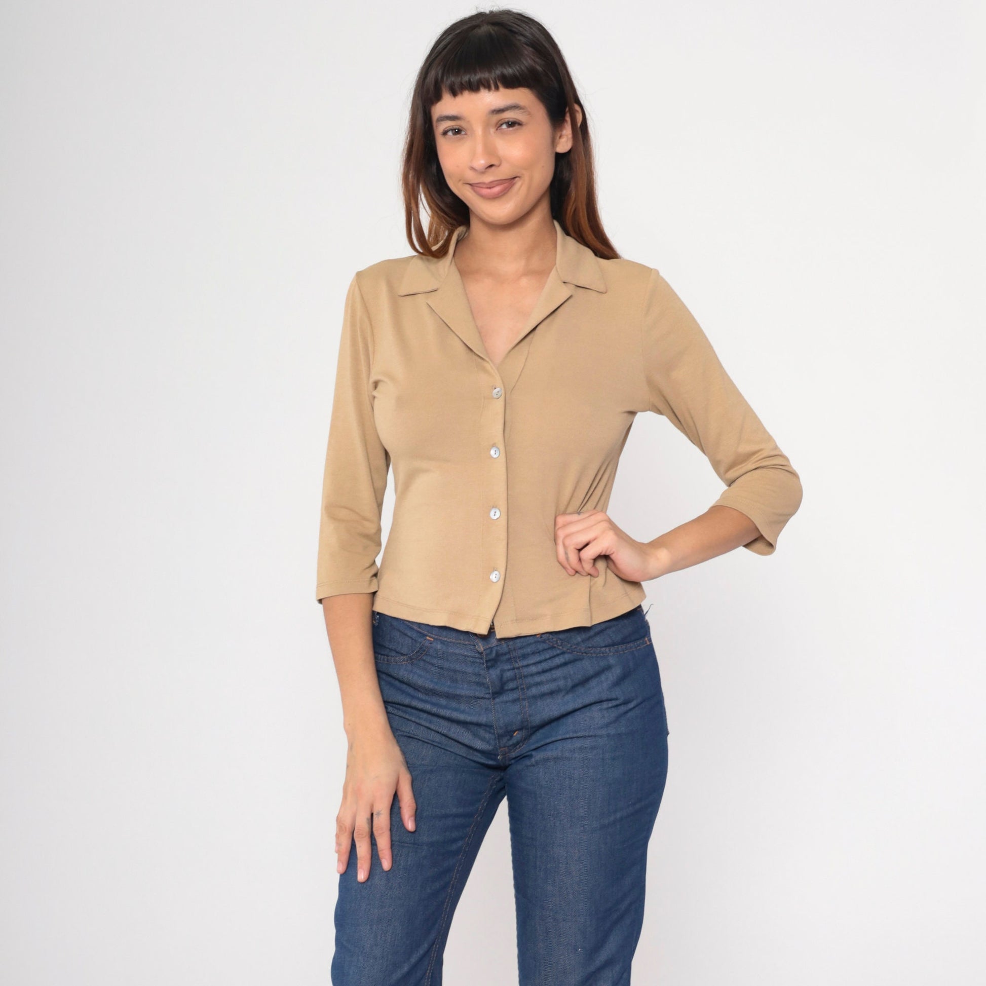 90s Tan Button-Up Blouse Collared 3/4 Sleeve Shirt Small S