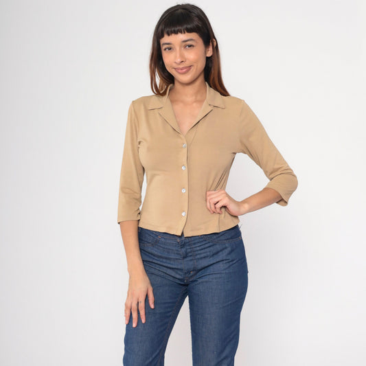 90s Tan Button-Up Blouse Collared 3/4 Sleeve Shirt Small S