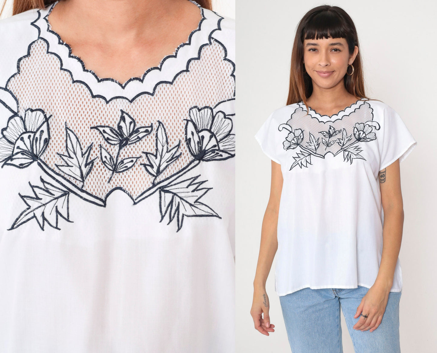 Y2K Black Floral Embroidered White Blouse Mesh Neckline Short Sleeve Large L