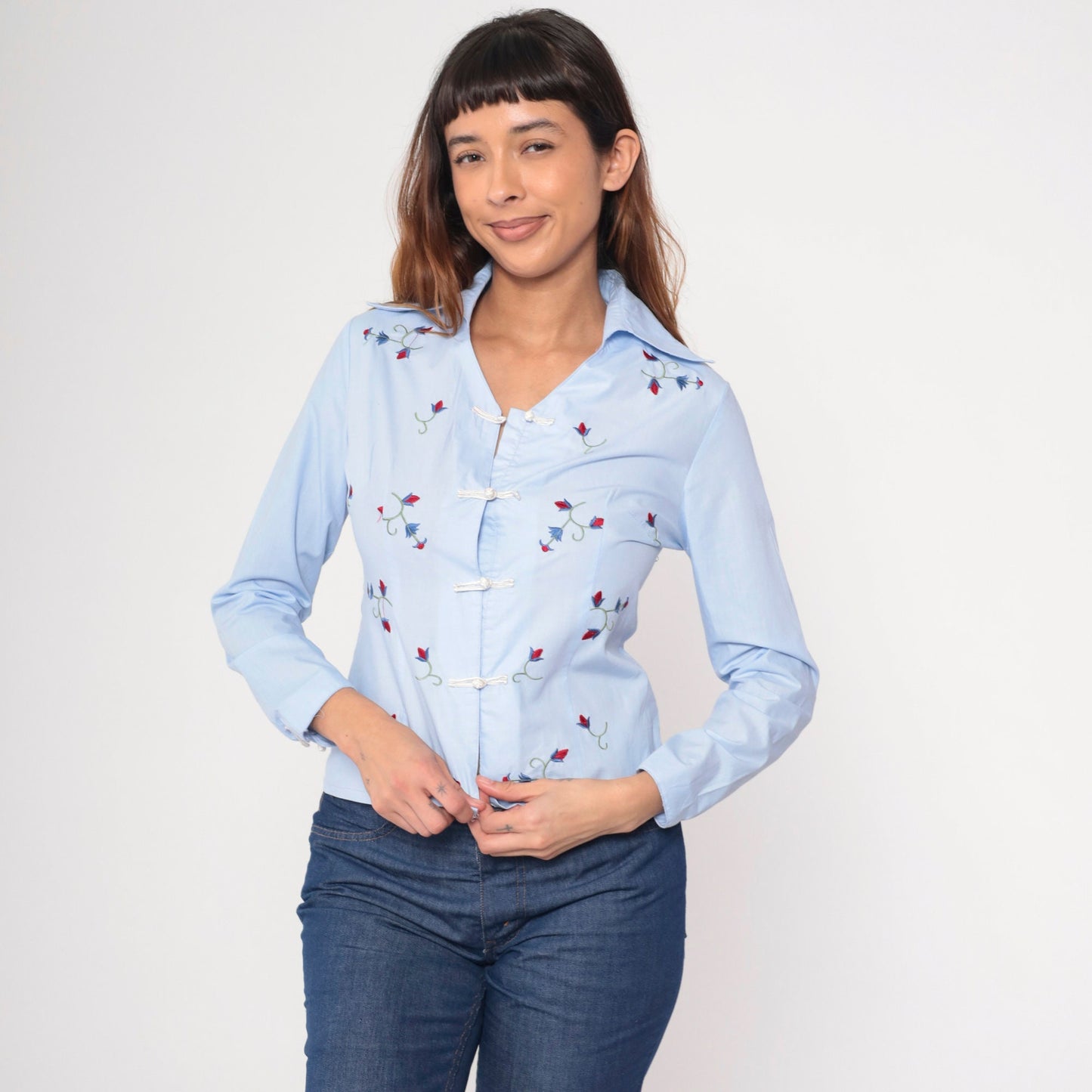 90s Light Blue Floral Embroidered Button-Up Blouse Chinese Knot Long Sleeve Small S