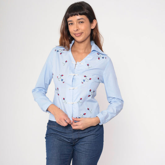 90s Light Blue Floral Embroidered Button-Up Blouse Chinese Knot Long Sleeve Small S