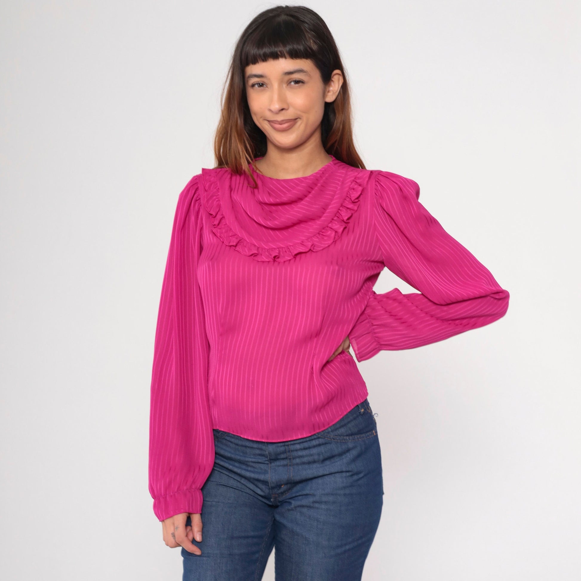80s Fuchsia Cowl Neck Blouse Striped Puff Sleeve Keyhole Back Small