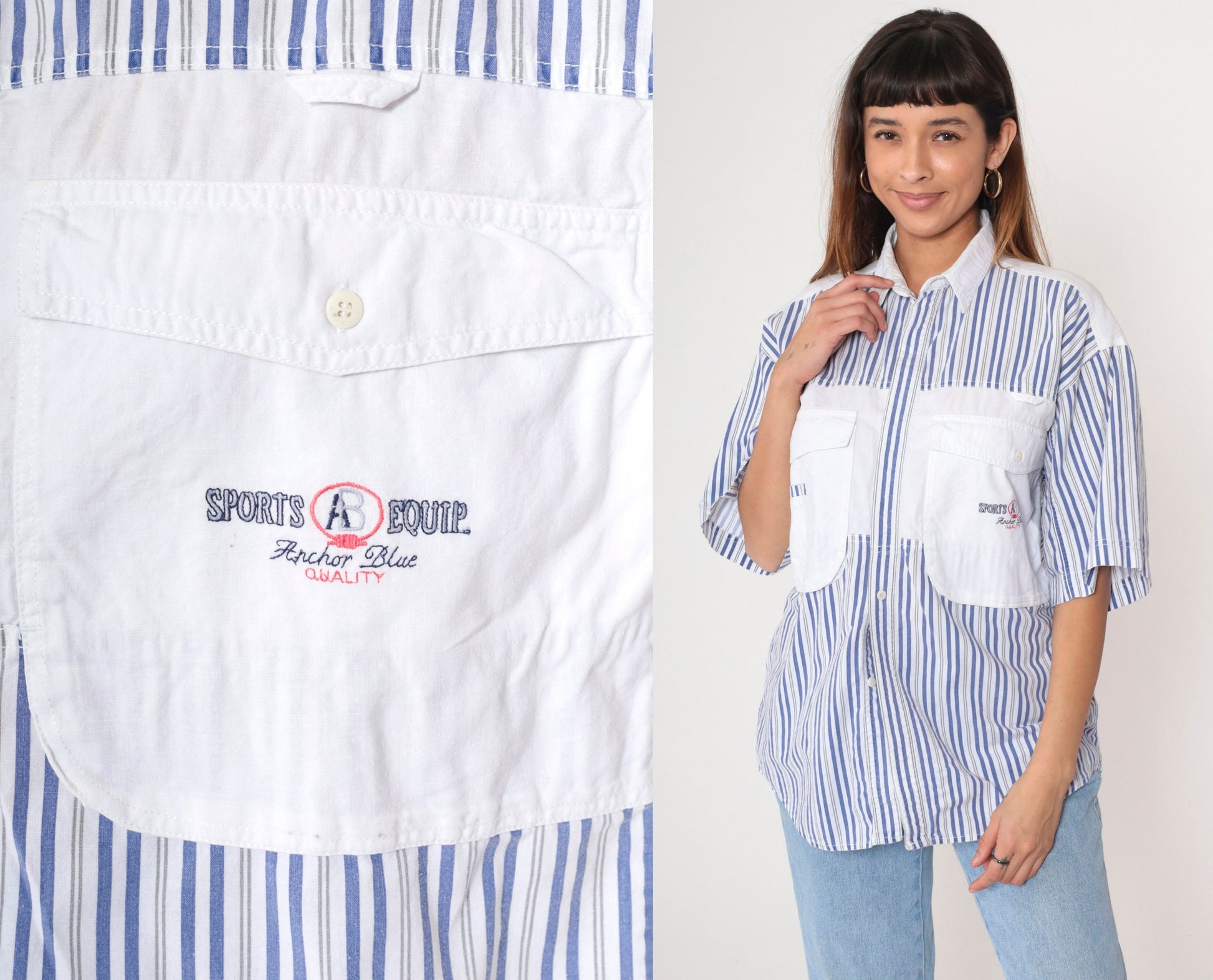 90s Anchor Blue Striped Cargo Shirt White Blue Cotton Button Up Medium
