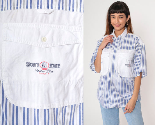 90s Anchor Blue Striped Cargo Shirt White Blue Cotton Button Up Medium