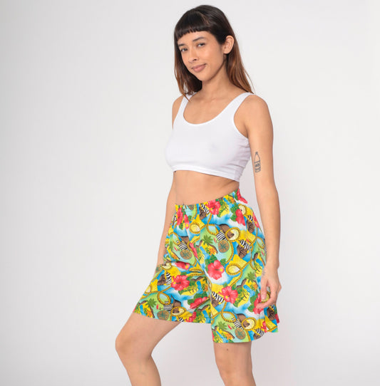 90s Hawaiian Print Shorts Pirate Ship Hibiscus Elastic Waist Small