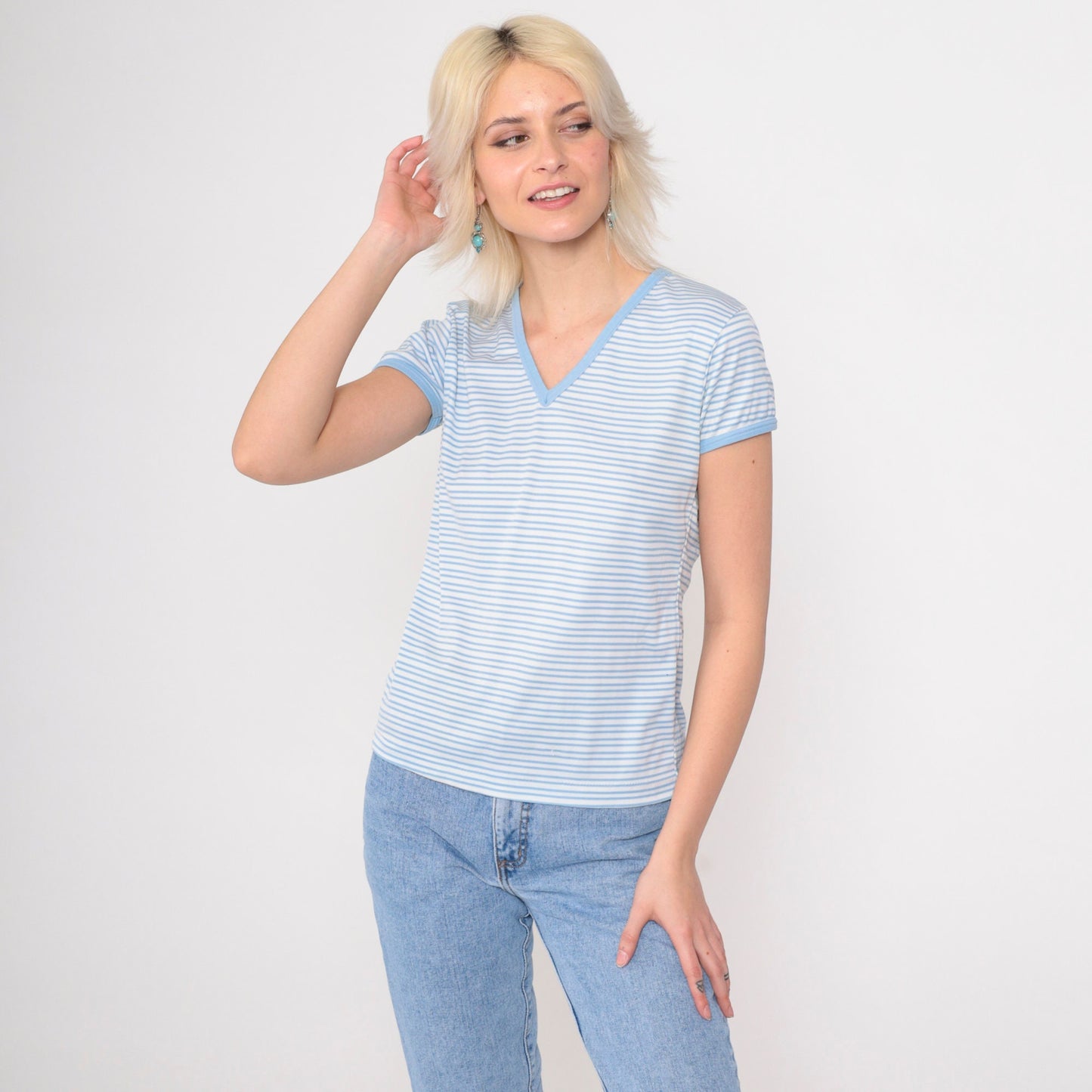 80s Blue White Striped V-Neck T-Shirt Single Stitch Ringer Tee Small