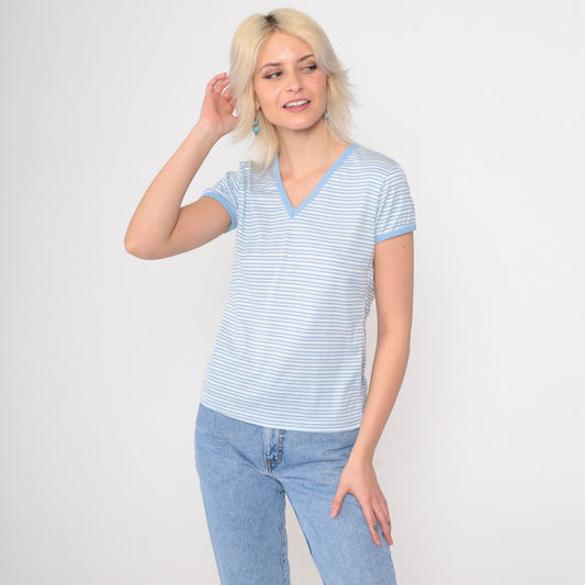 80s Blue White Striped V-Neck T-Shirt Single Stitch Ringer Tee Small