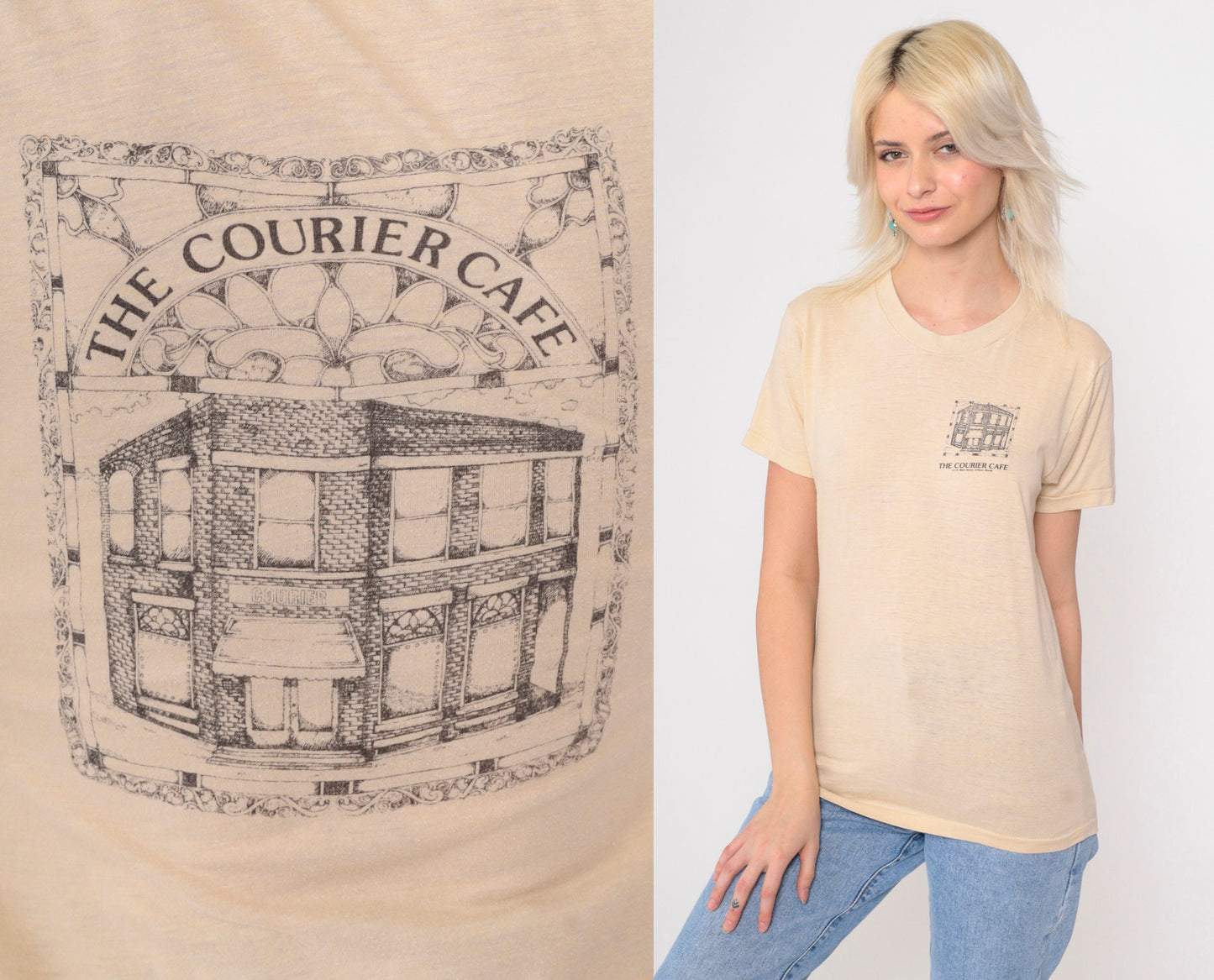80s Courier Cafe Urbana Illinois Graphic T-Shirt Beige Single Stitch Extra Small