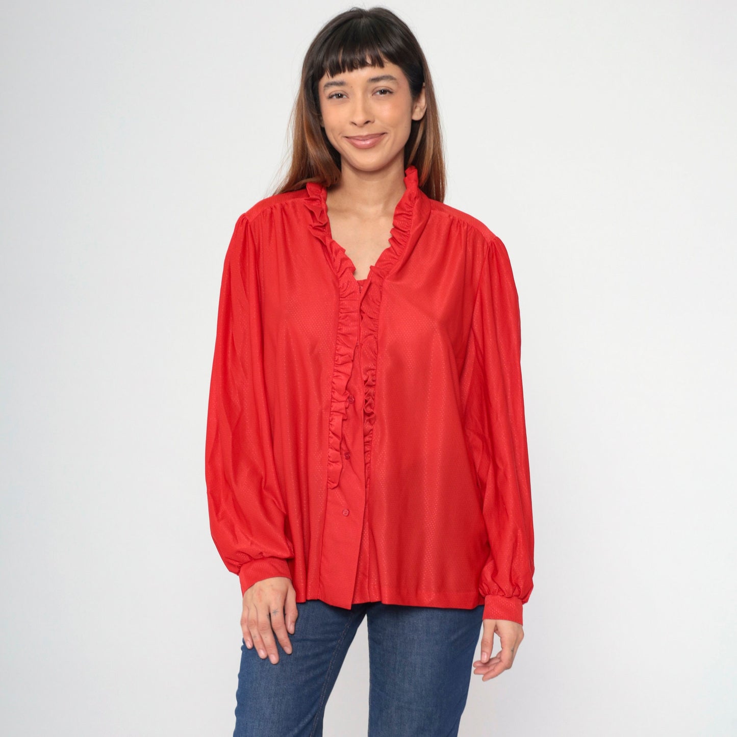70s Red Puff Sleeve Button-Up Blouse Embossed Dots Ruffled Trim Large