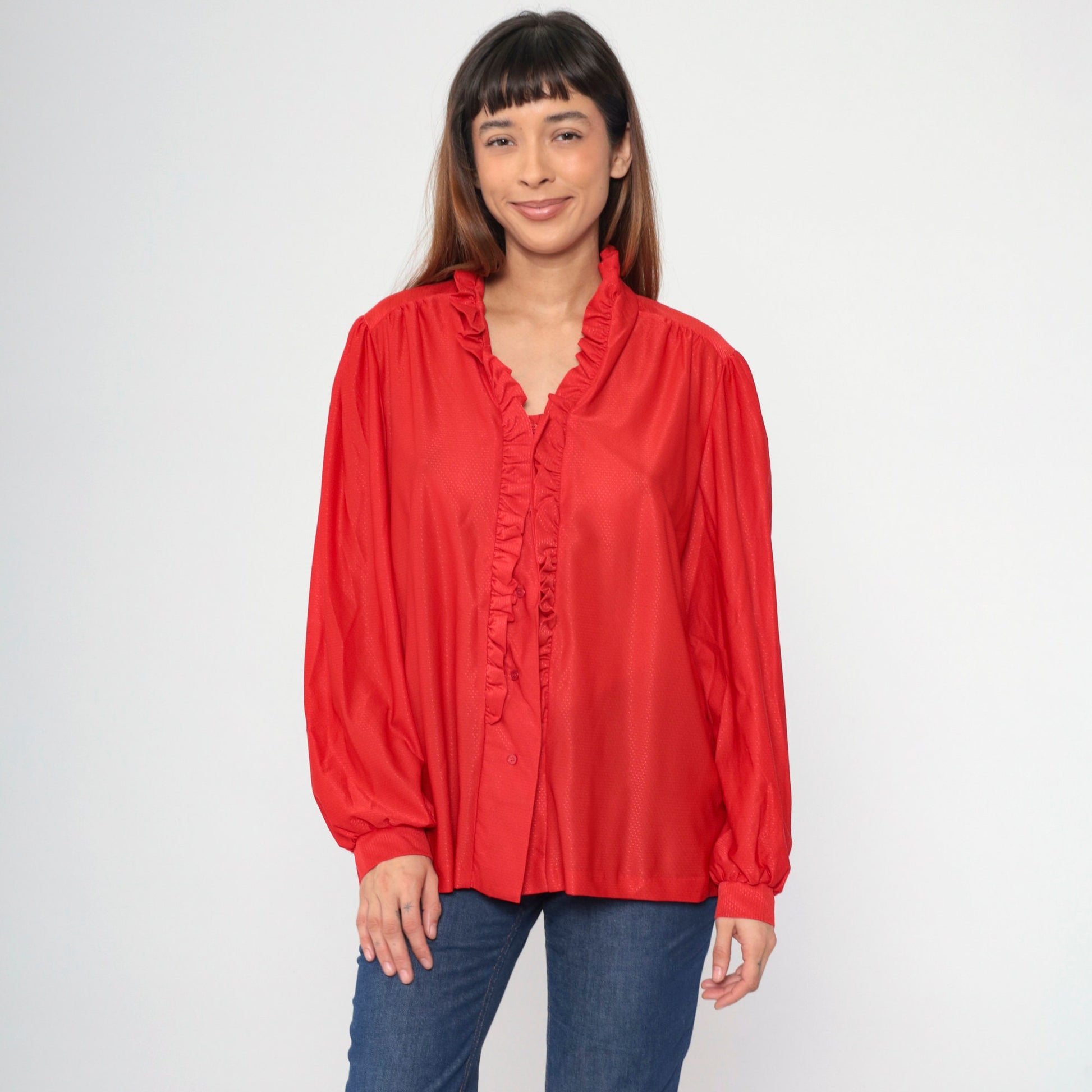 70s Red Puff Sleeve Button-Up Blouse Embossed Dots Ruffled Trim Large