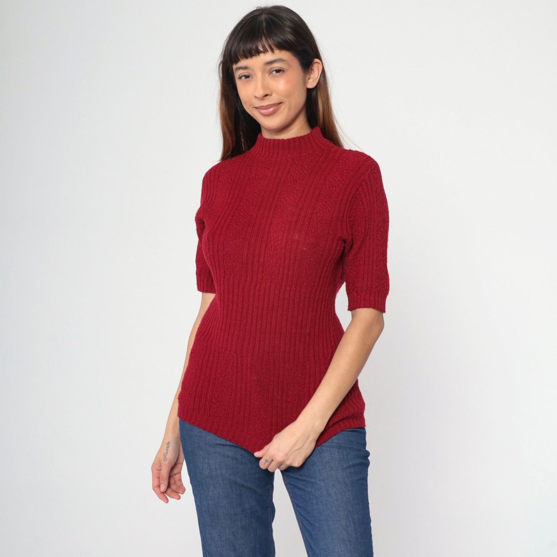 70s Burgundy Ribbed Knit Mock Neck Sweater Short Sleeve Small