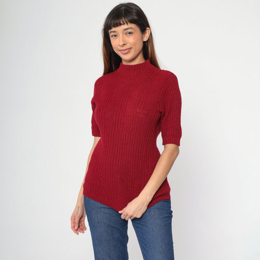 70s Burgundy Ribbed Knit Mock Neck Sweater Short Sleeve Small
