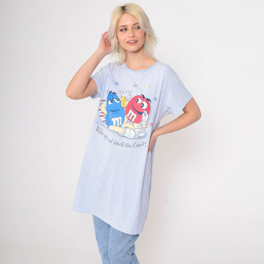 90s M&Ms T-Shirt Dress Blue Striped Graphic Pajama Dress Large XL