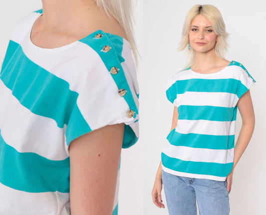 80s 90s Honors Striped Cap Sleeve T-Shirt Turquoise White Medium