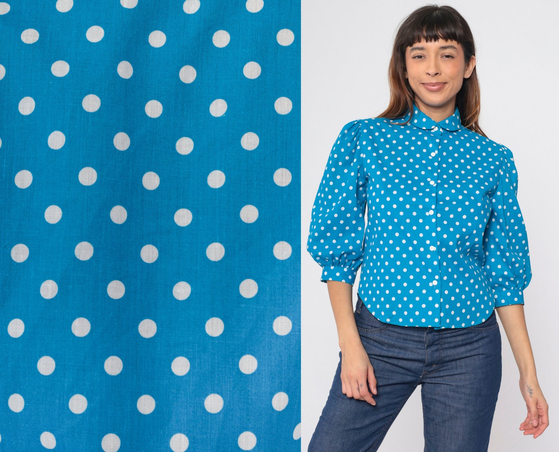 80s Bright Blue Polka Dot Puff Sleeve Button Up Blouse Small S