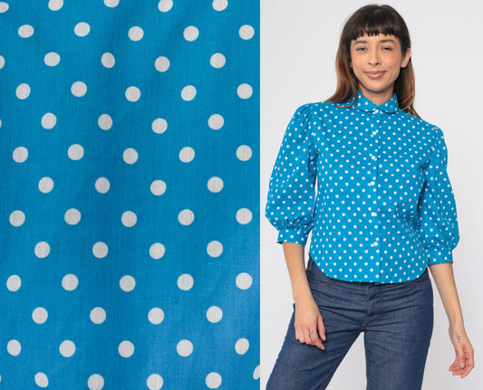 80s Bright Blue Polka Dot Puff Sleeve Button Up Blouse Small S