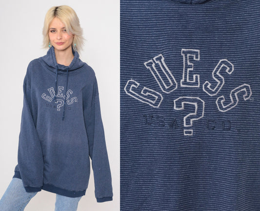 90s Guess Striped Blue Drawstring Cowl Neck Sweatshirt Large