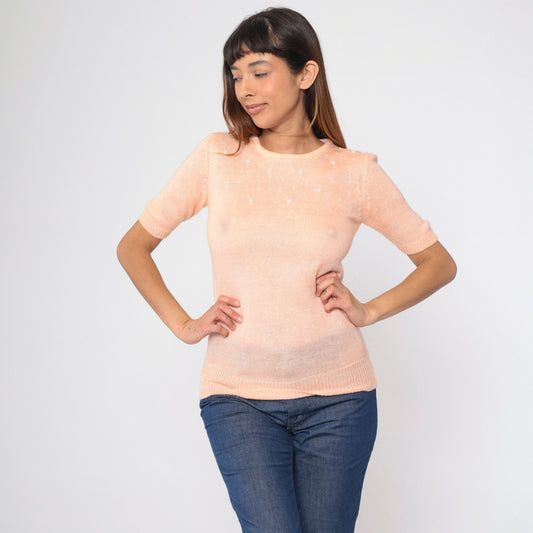 80s Peach Knit Top Beaded Neckline Short Sleeve Blouse Small