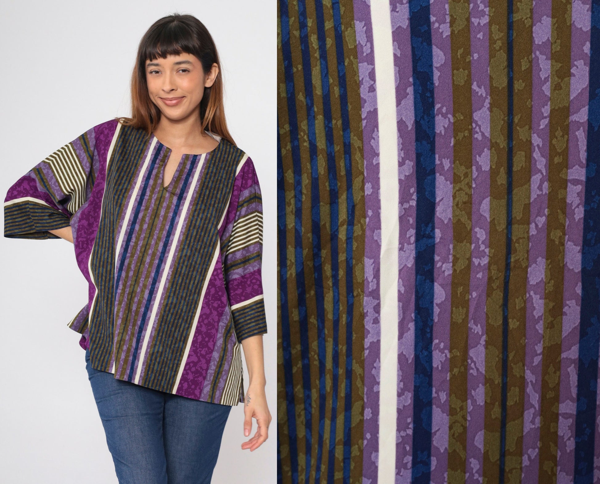 80s Top Notch Striped Tunic Purple Blue Olive 3/4 Sleeve Plus Size XXL