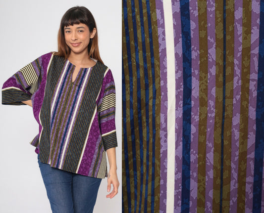 80s Top Notch Striped Tunic Purple Blue Olive 3/4 Sleeve Plus Size XXL